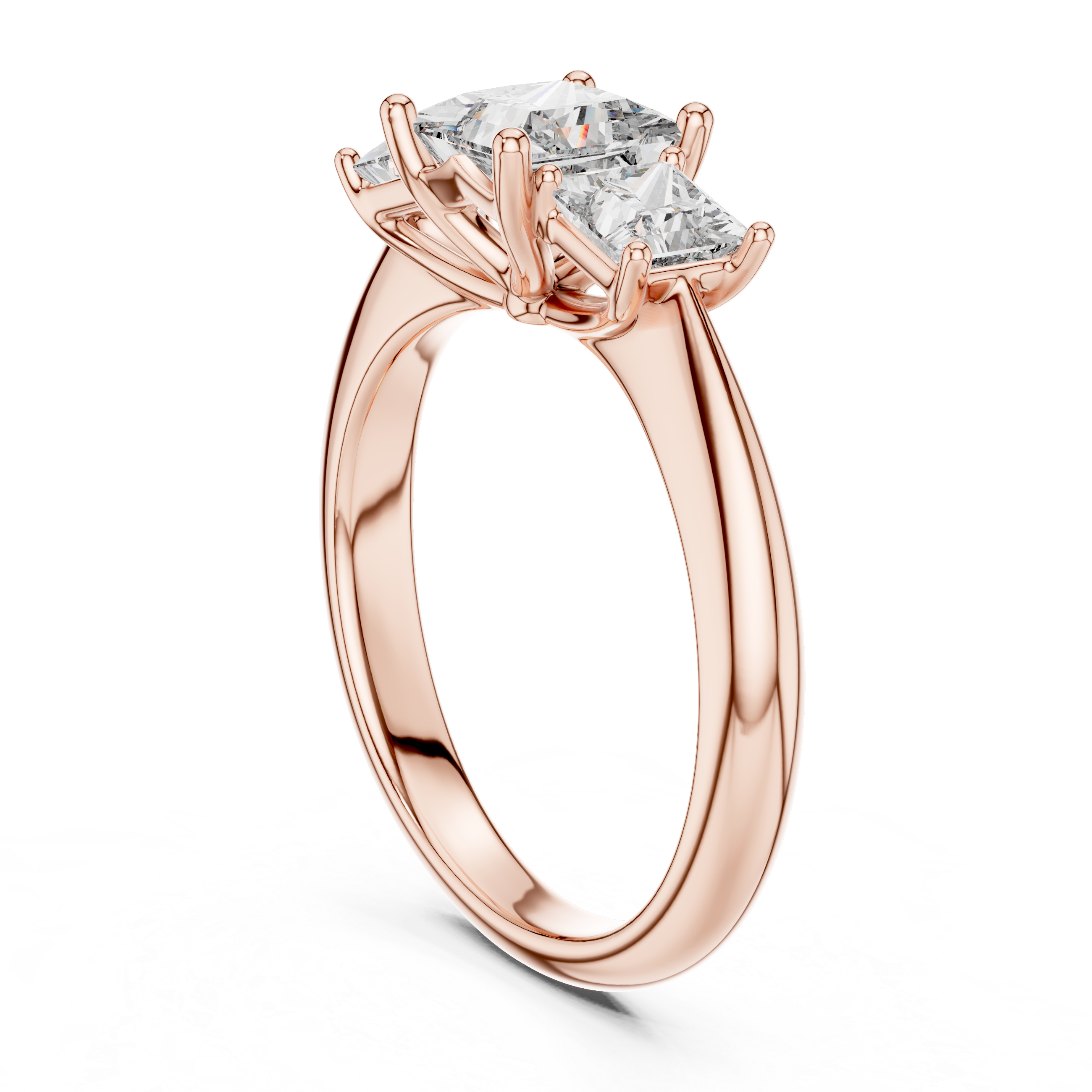 Rose gold ring with a large diamond on a white background